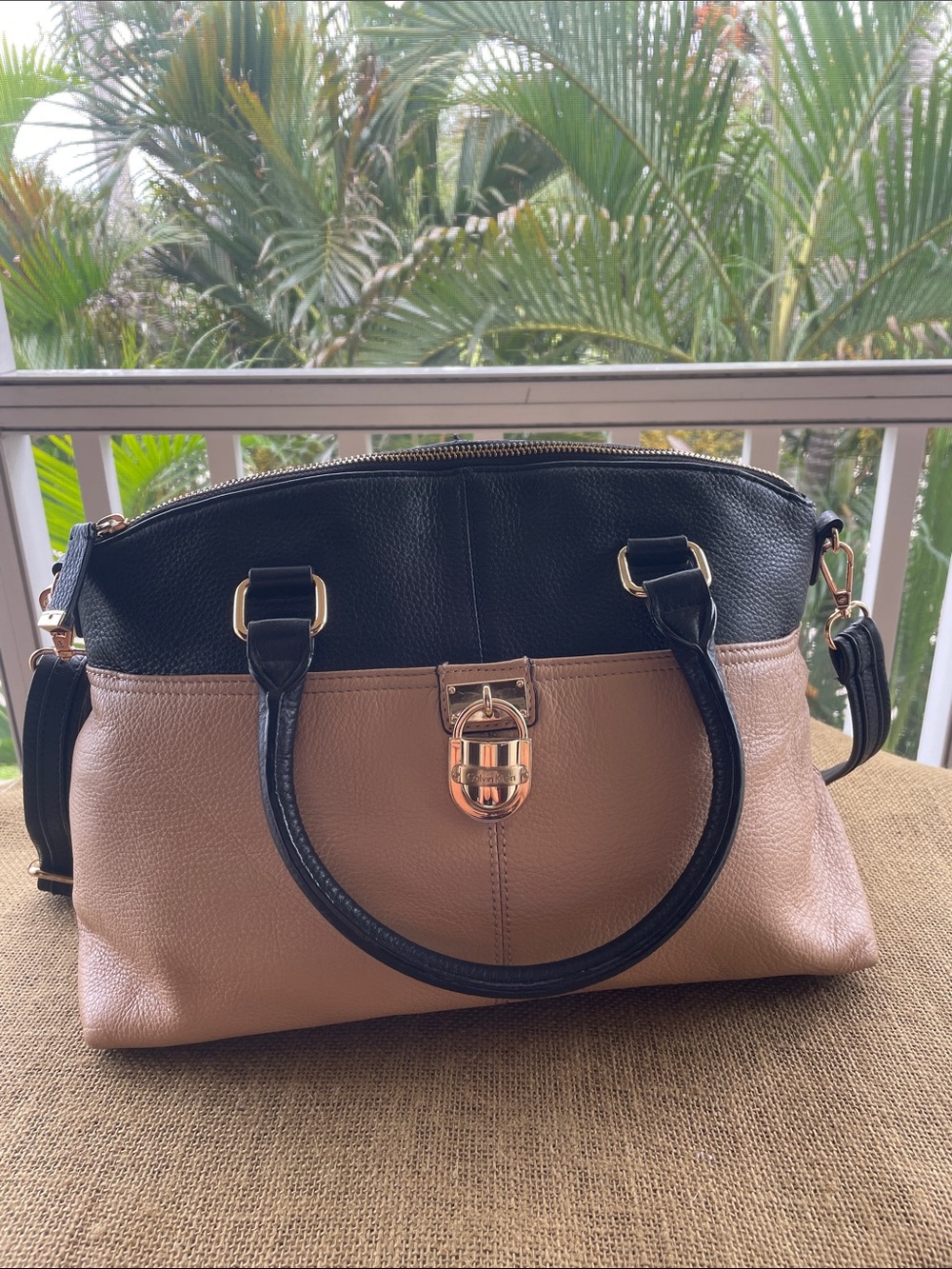 Calvin Klein Modena Black & Beige Pebbled Leather Satchel Bag
